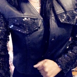 Genuine real leather jacket w/sequin sleeves